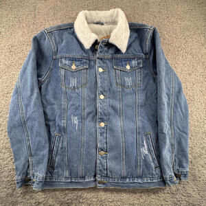 Men's Denim Jean Jacket with Faux Sherpa Lining Small Distressed Style NWT